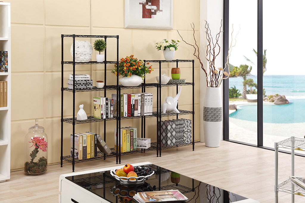 OEM 5 Tier Metal Wire Storage Shelves Painted Bookshelf Height Adjustable Black