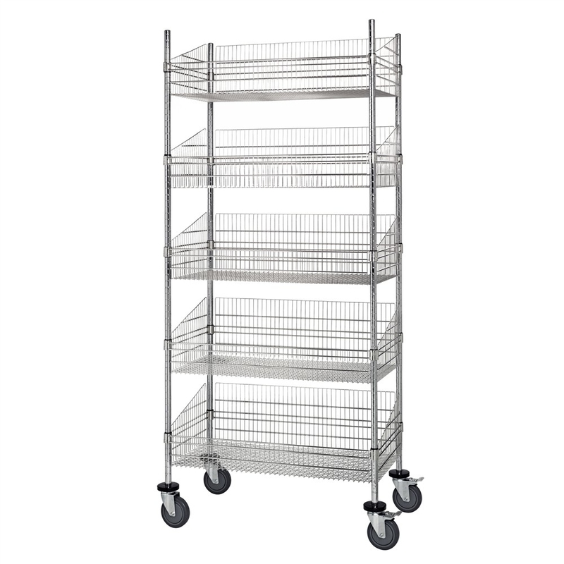 Grocery Storage Movable Wire Grid Baskets Shelving Five Layers Silver Color