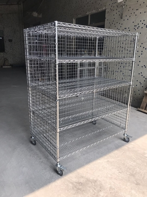 Industrial 4 Level Wire Utility Cart With Enclosures Three Sides Mesh