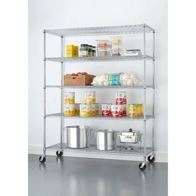 5 Tier Silver Rolling Storage Rack 20mm Wire Gap / Kitchen Wire Shelving Unit