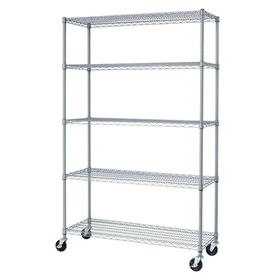 5 Tier Silver Rolling Storage Rack 20mm Wire Gap / Kitchen Wire Shelving Unit