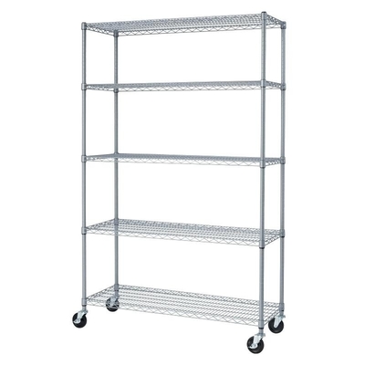 5 Tier Silver Rolling Storage Rack 20mm Wire Gap / Kitchen Wire Shelving Unit