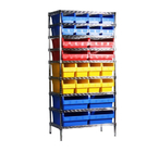 Space Saving Top Track Mobile Wire Shelving With Plastic Storage Containers 86" High For Small Parts