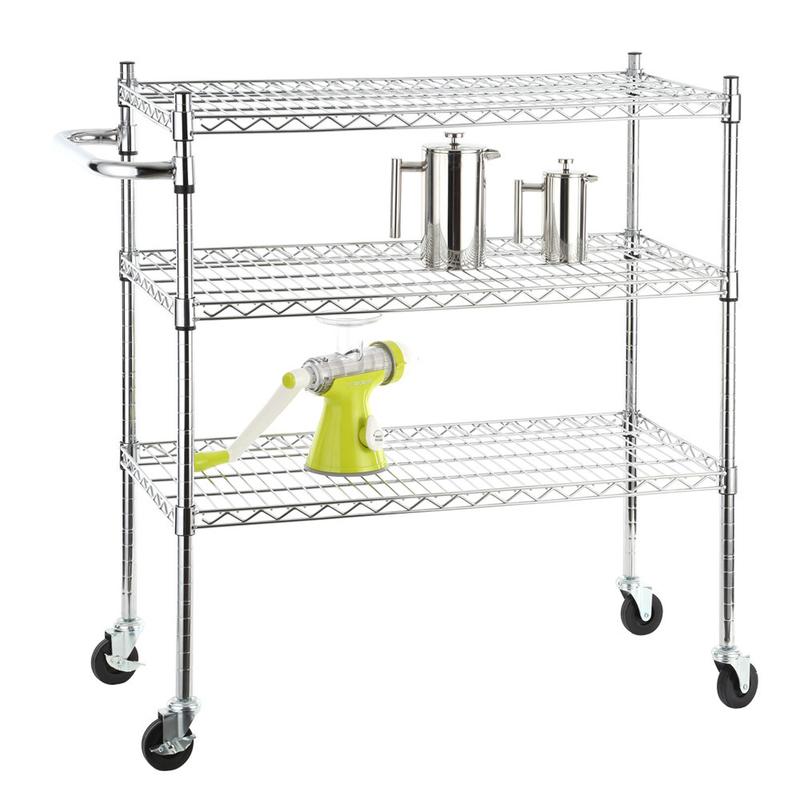 Stainless Steel Chrome Mobile Wire Metal Shelving Cart With 3 Ventilated Shelves