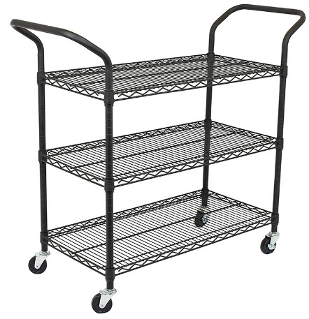 Custom Size Wire Utility Cart With Wheels / 3 Shelf Metal Utility Cart