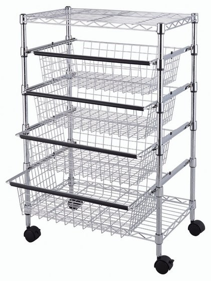 SS304 Wire Utility Cart With 4 Adjustable Drawers & Wheels for Easier Mobility