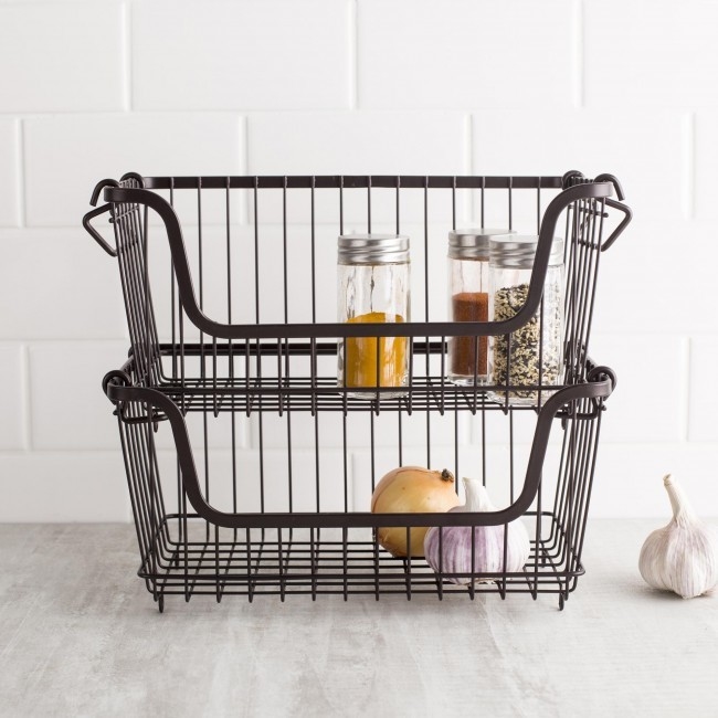 Brown Pantry Stackable Colored Wire Storage Baskets Saving Space Under Sink