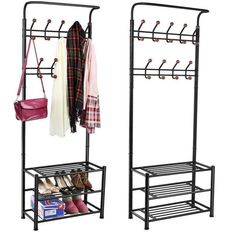 Black Coated Commercial Wire Shelving With Shoe Storage Bench 3 Shelves