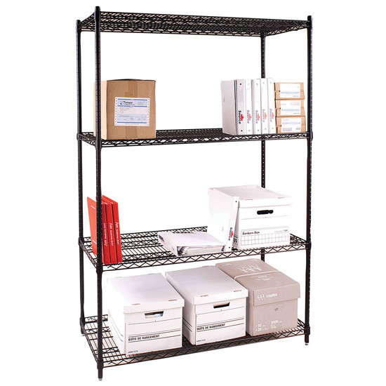 Four Tier Office Storage Steel Wire Shelving / Black Metal Freestanding Rack