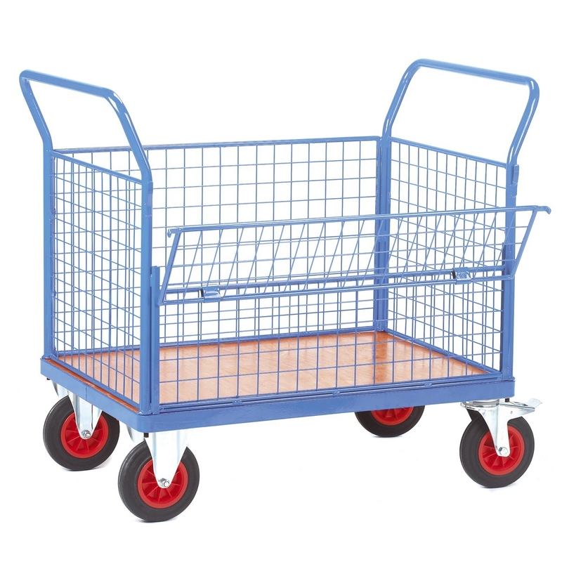 2 Handles Light Blue Wire Mesh Cart With Swivel Castors For Factory