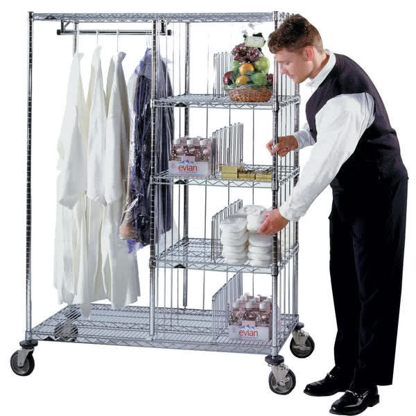 Hospitality Garment Storage Shelves / Metal Shelving Unit With Wheels