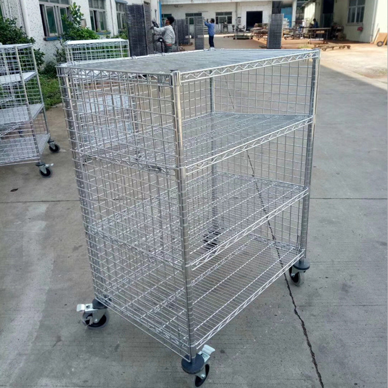 Industrial 4 Level Wire Utility Cart With Enclosures Three Sides Mesh