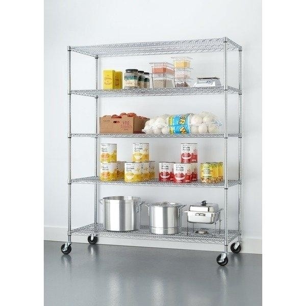 5 Tier Silver Rolling Storage Rack 20mm Wire Gap / Kitchen Wire Shelving Unit