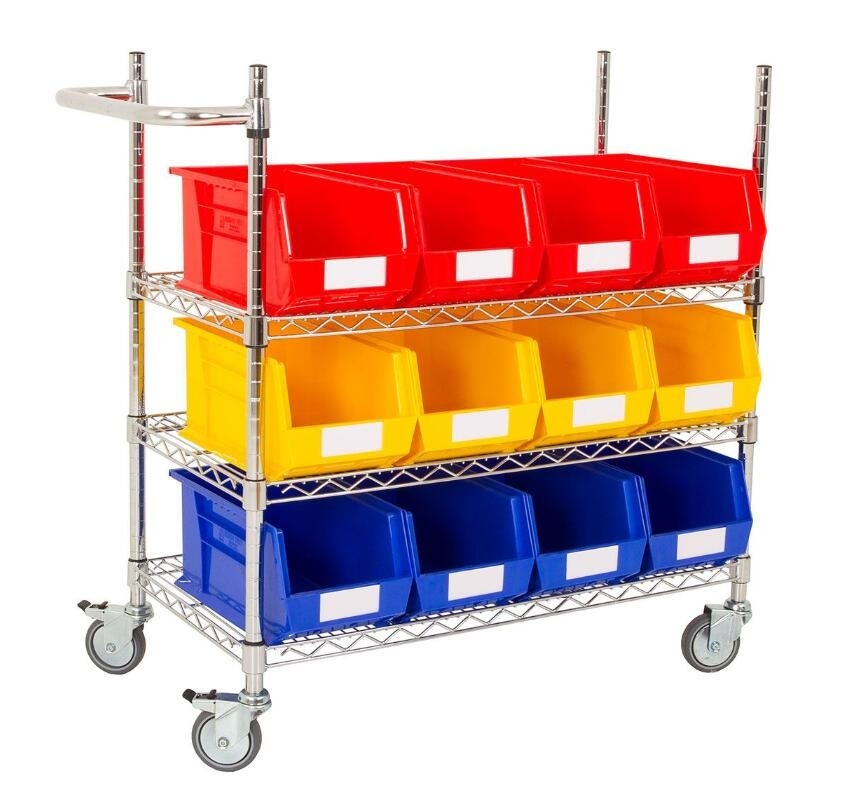 Movable Industrial Wire Shelving With Plastic Storage Bins For Garages