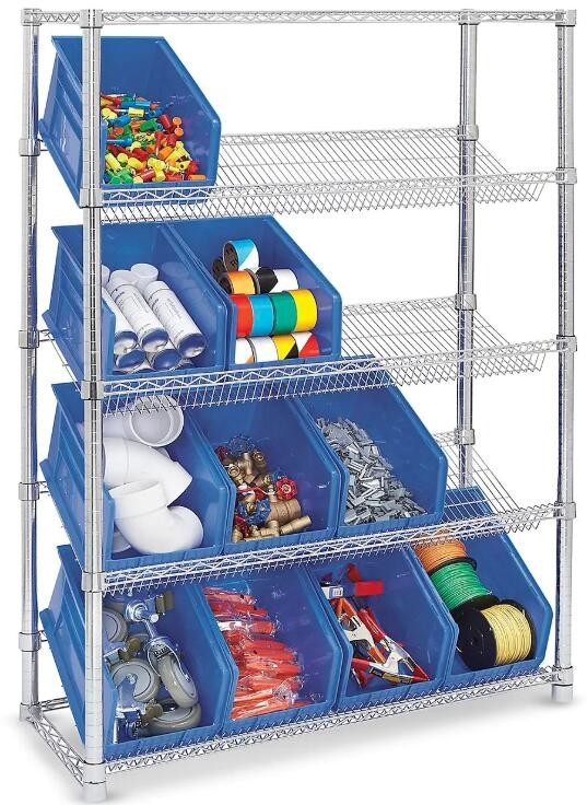 Indoor Commercial Wire Shelving / Clear Plastic Storage Bin Slanted Chrome Wire Shelving Systems